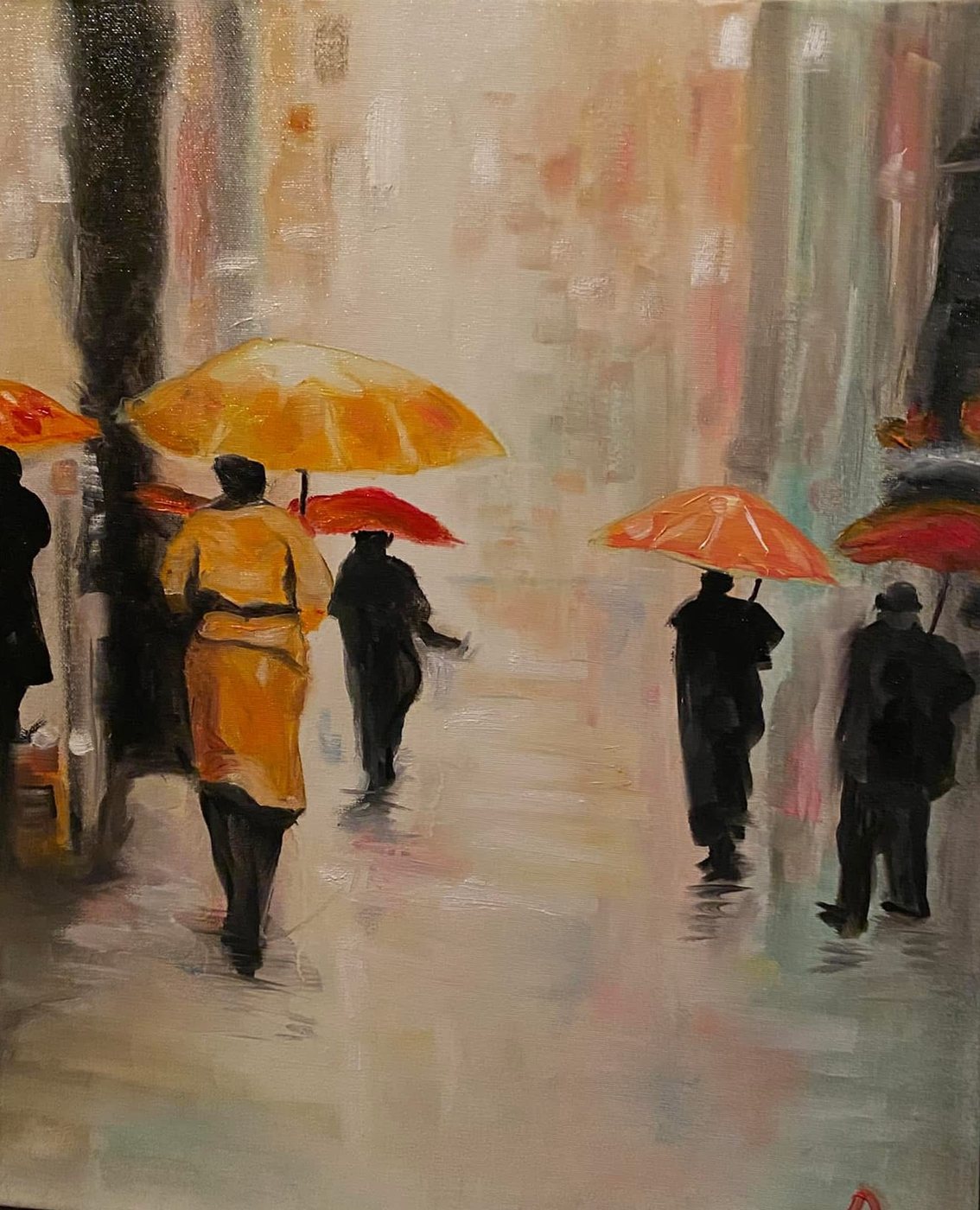 Oil painting of figures walking in the rain beneath orange and red umbrellas