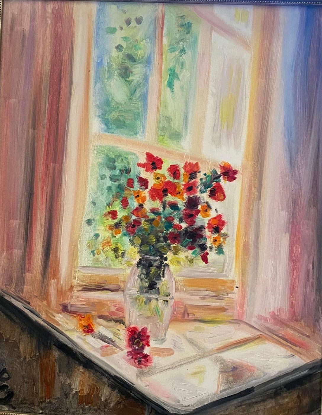 Oil painting of red flowers in a vase by a bright window