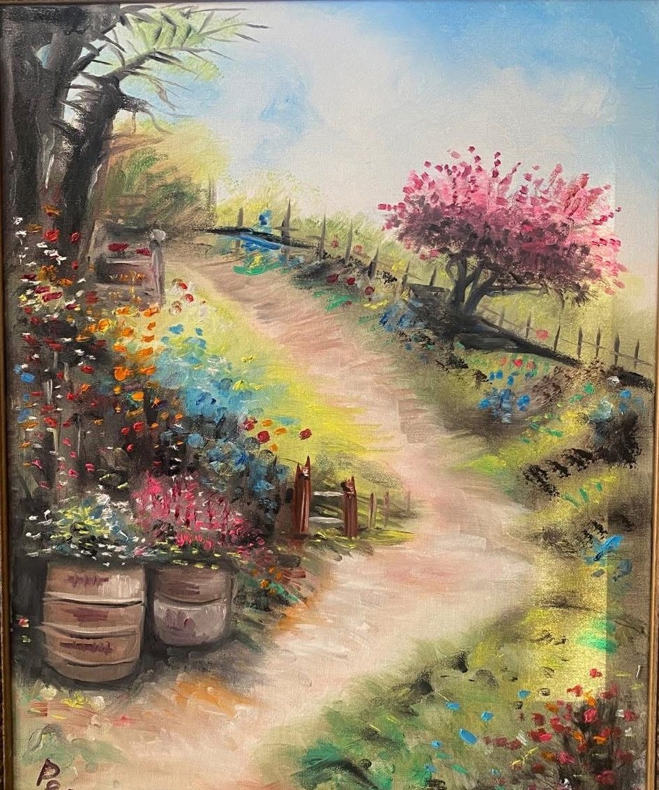 Oil painting of a garden path in spring